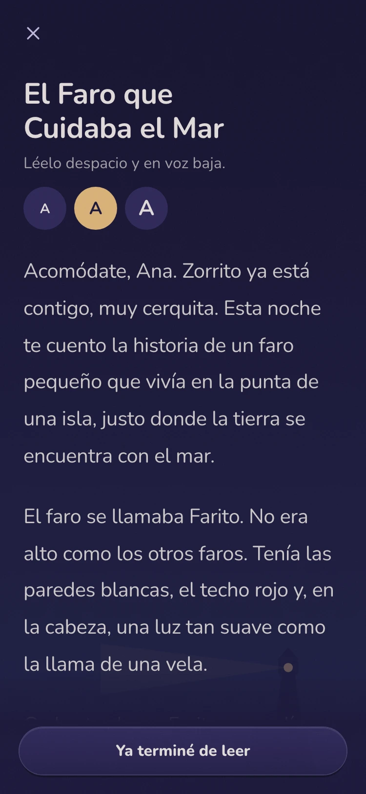 Modo Leer: el cuento en texto grande, cálido y legible con poca luz